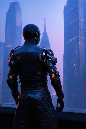 A gritty, neon-lit cityscape at dusk. A lone figure, dressed in worn leather and cybernetic enhancements, stands atop a rooftop, gazing out into the smog-filled haze. The city's towering skyscrapers loom in the background, their reflective surfaces glinting like cold steel. The atmosphere is tense, with hints of rebellion and chaos brewing.