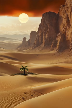 Desert landscape: a golden sun sets behind vast dunes, casting a warm glow on sandy ridges and rocky outcroppings. A lone palm tree stands tall, its fronds rustling softly in the gentle breeze. The sky is painted with hues of saffron and amber, blending seamlessly into the desert's rusty terrain.