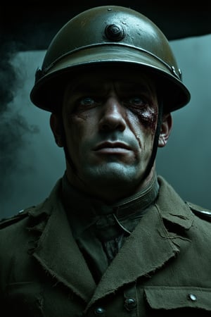 A dramatic close-up shot of a worn, battle-scarred soldier's face, with a hint of desperation and exhaustion in his eyes. The dimly lit, smoke-filled trench framing is eerily quiet, with the only sound being the distant rumble of artillery fire. The soldier's gaunt expression and tattered uniform convey the brutal reality of war.