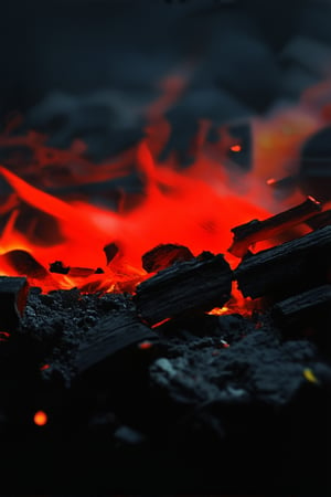 A close-up shot of a fiery red ember crackling in the darkness, surrounded by smoldering ash and charred wood. The intense crimson hue dominates the frame, with subtle hints of orange and yellow at the edges. Soft focus on the surrounding debris, emphasizing the focal point of the glowing embers.