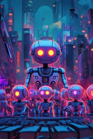 A futuristic cityscape at dusk, with sleek robotic sculptures mingling amidst vibrant neon lights. Robots of various shapes and sizes move in harmony, their metallic bodies reflecting hues of blue and purple. In the foreground, a group of robots engage in a choreographed dance, their LED eyes glowing in sync.