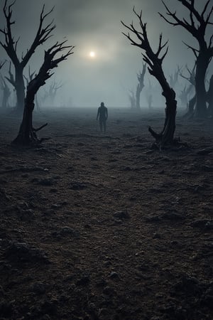 A hauntingly lit scene unfolds in the Darkside World. A desolate wasteland stretches as far as the eye can see, with twisted, blackened trees looming like skeletal fingers. In the distance, a lone figure stands, shrouded in shadows, their features obscured by the darkness. The air is heavy with an otherworldly energy, and the only sound is the distant hum of a mysterious power source.