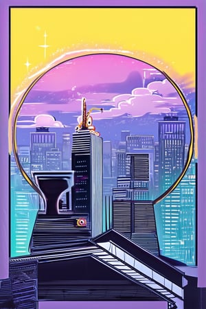 Whimsical illustration featuring a stylized cityscape at dusk, with bold lines and vibrant colors. A futuristic skyscraper rises in the background, while a cartoonish robot plays a saxophone on a rooftop, surrounded by wispy clouds and twinkling stars. The composition is framed by a circular border, with the lines and shapes blending seamlessly to create a dreamlike atmosphere.