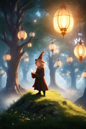 A whimsical fantasy scene unfolds as a young apprentice wizard stands atop a misty forest ridge, surrounded by towering trees adorned with glowing lanterns. Soft, golden light casts a warm glow on the wizard's rosy cheeks and wispy bangs, while the mystical tome clutched in their hands appears to be imbuing them with ancient magic.