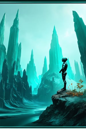 An alien landscape on a cyan planet, where wispy blue-green mist swirls around crystalline formations and iridescent flora. A lone explorer in a futuristic suit stands atop a rocky outcropping, gazing up at the radiant sky with an air of wonder. Framed by towering turquoise spires, the scene is bathed in soft, ethereal light.