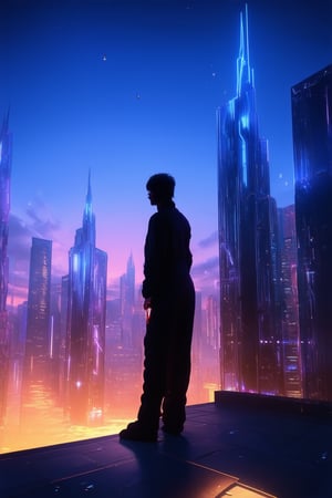 A futuristic cityscape at dusk, with neon lights casting a vibrant glow on the metallic skyscrapers. A lone figure, dressed in a sleek black jumpsuit, stands atop a rooftop, silhouetted against the intense blue-purple hue of the setting sun. The lighting is stark and dramatic, with high-contrast shadows accentuating the subject's confident pose.