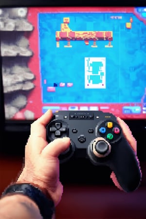 A close-up shot of a gamer's hands holding a retro gaming console controller, with a pixelated TV screen displaying a classic game in the background. The camera is directly above, capturing the intricate details of the controller and the pixels on the screen. Soft lighting emphasizes the nostalgic feel, while the subject's determined expression suggests total immersion in the gaming world.