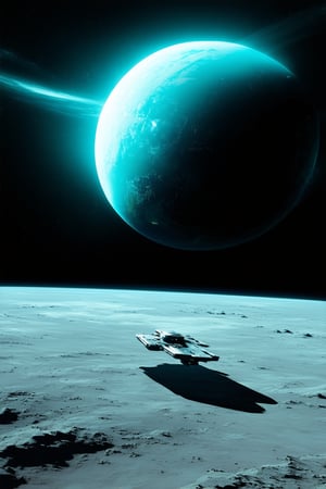 A futuristic, cyan-tinted planet hangs in the dark space, its vibrant blue atmosphere swirling with wispy clouds. In the foreground, a lone spaceship descends from the stars, casting a long shadow on the alien landscape.