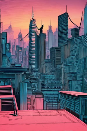 An overhead view of a futuristic cityscape at dusk, rendered in bold line art style with vibrant neon hues. Buildings and skyscrapers tower above, their angular shapes and sharp lines creating a sense of futuristic urban decay. A lone figure stands atop a crumbling rooftop, silhouetted against the pink-orange sunset sky.