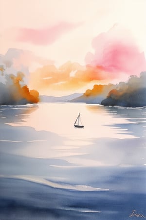 A delicate watercolor painting of a serene lake scene at dawn, with soft pink and orange hues illuminating the misty atmosphere. A few wispy clouds drift across the sky, while a small sailboat glides gently across the calm waters. The brushstrokes are loose and expressive, with subtle texture adding depth to the dreamy landscape.