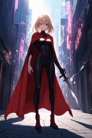 A vibrant anime scene: Kaghi stands confidently in a bright, sunlit alleyway with a neon-lit cityscape behind her. She wears a striking red and black jumpsuit with a flowing cape, her long blonde hair blowing gently in the breeze. Her eyes gleam with determination as she holds a sword at her side, the city's vibrant colors reflecting off its metallic surface.