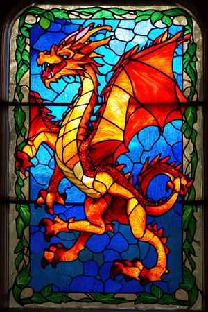 A vibrant stained glass window depicting a majestic dragon soaring through a sky ablaze with fiery hues of crimson and gold, set against a backdrop of rich blue glass, with intricate details of leaves and vines framing the edges.