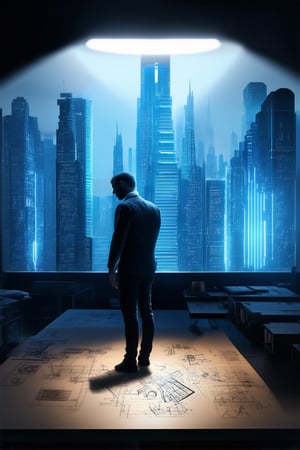 A futuristic cityscape with sleek skyscrapers and neon lights. A lone architect stands at a large wooden desk, surrounded by rolled-up blueprints and scattered sketches. The room is dimly lit with a single spotlight shining down on the architect's focused expression as they meticulously work out a complex design.