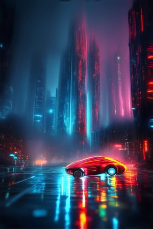 A futuristic cityscape: a sleek skyscraper rises from the misty veil of night, its neon-lit facade reflecting off the wet pavement. The air is thick with fog, casting an otherworldly glow on the city's chrome and glass spires. A hovercar whizzes by, its bright blue lights painting a streak across the dark canvas.