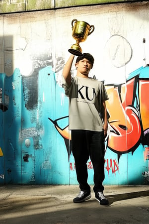 Vibrant street art scene: A young graffiti artist, 'Kun', stands confidently in front of a mural-covered wall, spray can held aloft like a trophy. Bright sunlight casts a warm glow on the urban landscape, with bold brushstrokes and colorful tags adding to the dynamic composition.