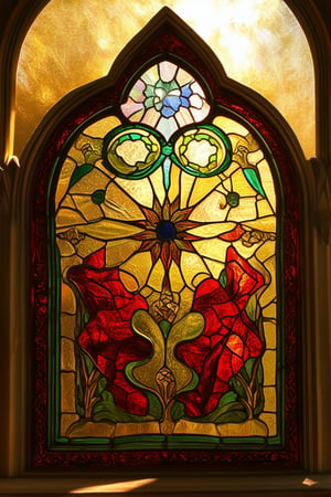 A vibrant stained glass artwork in a ornate Gothic-inspired frame, set against a soft golden light filtering through leaded panes. Delicate, swirling patterns of crimson, emerald, and sapphire hues dance across the surface, refracting warm rays that seem to emanate from within the intricate design itself.