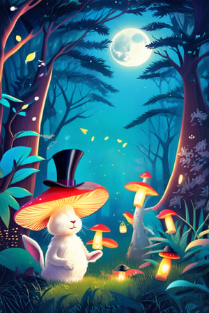 Vibrant 2D illustration of a whimsical forest, with towering trees adorned with glowing mushrooms and sparkling fireflies dancing amidst the underbrush. A curious rabbit, donning a tiny top hat and holding a miniature lantern, takes center stage amidst the lush foliage, with the moon casting a soft, silvery glow in the background.