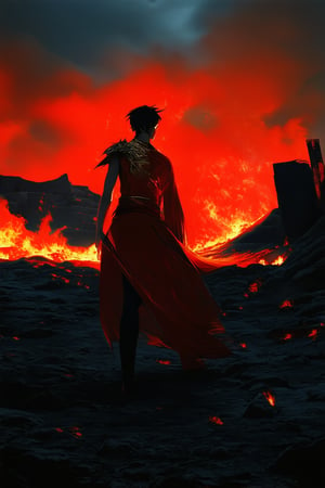 A fiery scene unfolds: a blazing inferno consumes the darkened landscape, casting a crimson glow across the desolate terrain. Amidst the flames, a figure emerges, their body engulfed in warm, golden light as they stand amidst the burning ruins, their red-orange attire illuminated by the intense heat and radiating an aura of fiery passion.