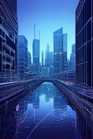 A futuristic cityscape at dusk, with sleek skyscrapers and neon lights reflected in a moat-like canal, rendered in bold line art style as seen from a low-angle perspective, emphasizing the verticality of the structures, with a subtle gradient of blues and purples in the atmosphere, evoking a sense of modernity and innovation.