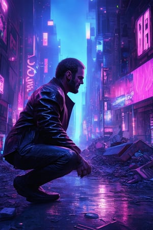 A gritty neon-lit metropolis sprawls across the frame, cityscape stretching from left to right. A lone figure, clad in worn leather and synth-leather jacket, crouches amidst the rubble-strewn streets. Flickering holographic advertisements cast a gaudy glow on their weathered face, as they examine a cyberdeck with a mixture of curiosity and caution.