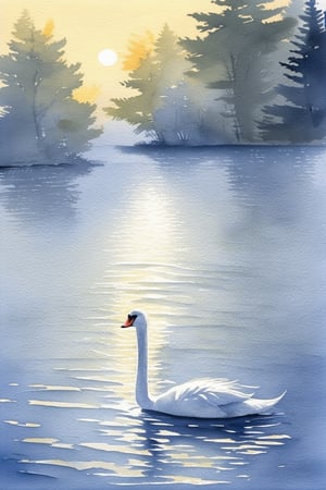 A delicate watercolor painting depicting a serene lake scene at dusk, with soft ripples on the water's surface and subtle reflections of the surrounding trees. The atmosphere is tranquil, with warm sunlight casting a gentle glow on the misty landscape. A lone swan glides effortlessly across the lake, its feathers softly rendered in muted hues of blue and white.