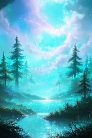 A surreal, dreamlike scene on the Cyan Planet, where an ethereal blue mist shrouds a lush, iridescent landscape. A delicate, crystalline forest stretches out before us, with towering trees that refract light into kaleidoscopic hues. In the distance, a serene lake glimmers like a sapphire mirror, reflecting the swirling vortex of clouds above.