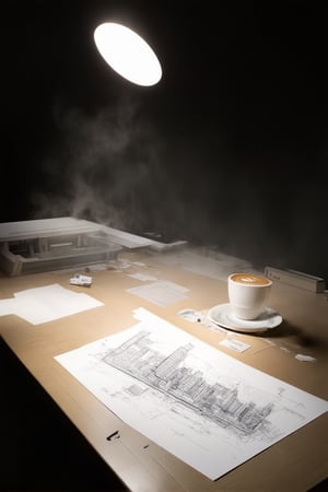 A futuristic architect's desk, illuminated by a single spotlight, features a detailed blueprint sketch of a sustainable cityscape. The paper is worn and creased from frequent use, with faint pencil marks and eraser crumbs scattered across the surface. A cup of steaming coffee sits nearby, its steam rising towards the camera like a misty veil.