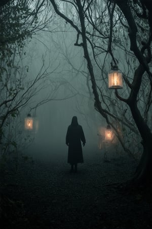 In a dimly lit, mist-shrouded forest, a lone figure emerges from the shadows. The Darkside World's eerie atmosphere is palpable as the protagonist stands amidst twisted tree branches and overgrown underbrush. A faint, flickering light emanates from lanterns scattered throughout the clearing, casting an otherworldly glow on the subject's mysterious features.