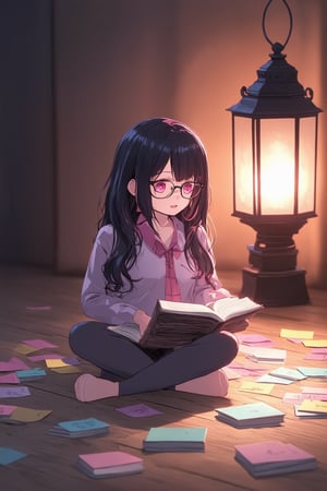 A vibrant Kaghi anime-inspired illustration! A young, bespectacled girl with long, curly black hair and bright pink highlights, sits cross-legged on a worn wooden floor, surrounded by scattered manga volumes. Soft, warm lighting emanates from the lantern-style lamp behind her, casting a gentle glow on her expressive face as she intently reads a comic book. The frame is filled with playful, whimsical details, such as miniature anime figurines and colorful post-it notes, blending traditional Japanese elements with modern pop culture flair.