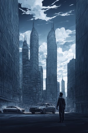 Create a vibrant line art illustration of a futuristic cityscape at dusk. Towering skyscrapers with neon-lit facades stretch towards the horizon, while sleek cars and hovercraft zip through the streets. In the foreground, a lone figure in a sleek jumpsuit stands atop a building, looking out upon the metropolis. Softly lit clouds gather in the sky, casting a warm glow on the city's steel and glass towers.