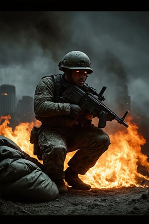 A gritty and intense battlefield scene: World War III - Front Lines. A soldier in a worn, camouflage uniform crouches behind a sandbag-lined bunker, rifle at the ready. Flames engulf the devastated cityscape behind him. Smoke billows into the darkening sky. The soldier's helmet is dented, his face smeared with dirt and sweat. His eyes are fixed on the enemy lines, a mix of determination and fear etched on his weathered features.