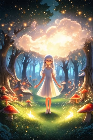 A whimsical village scene: A mystical forest, with towering trees adorned with glowing mushrooms, bathes in warm sunlight filtering through a wispy cloud cover. In the center, a young girl with flowing silver hair and a gentle smile, clad in a flowing white dress, stands amidst a circle of sparkling fireflies, her hands weaving an ethereal magic.