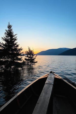 A serene landscape in Halaland, Norway, captures the tranquility of the midnight sun. A majestic fjord stretches into the distance, its calm waters reflecting the sky's soft hues. A few spruce trees stand tall, their branches gently swaying in the still air. In the foreground, a wooden boat is moored to the shore, its rustic beauty complemented by the surrounding landscape.