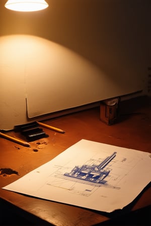 A whimsical blueprint sketch on a worn wooden desk, softly lit by a vintage lamp with a warm golden glow. The architect's pencils lie scattered amidst crisp white paper, with intricate lines and shapes forming the framework of an imaginative structure. A few coffee stains and torn corners add a touch of character to the makeshift workspace.