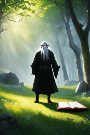 A whimsical scene unfolds: a bespectacled wizard stands amidst a lush forest glade, his long silver hair flowing in the gentle breeze. Dappled sunlight filters through the trees, casting intricate shadows on the ancient stones at his feet. A worn leather-bound tome lies open before him, releasing wispy tendrils of misty magic into the air.