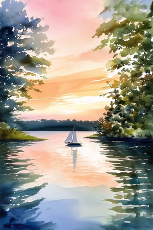 A serene watercolor painting depicts a tranquil lake scene at dusk, with gentle ripples on the surface reflecting the soft pink and orange hues of the sky. A lone sailboat drifts effortlessly across the calm water, surrounded by lush greenery and towering trees that stretch towards the heavens.