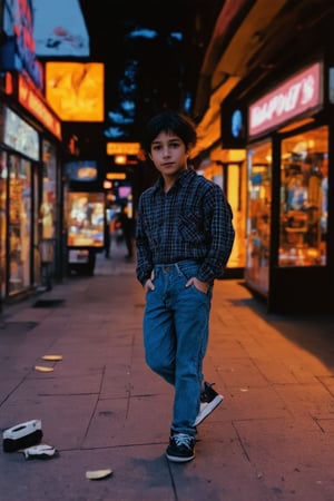 A nostalgic snapshot captures a carefree youth in a 90s-inspired setting: sun-kissed sidewalks, neon-lit storefronts, and retro-futuristic arcades. The subject, clad in high-waisted jeans, flannel shirt, and chunky sneakers, poses confidently with hands in pockets, surrounded by scattered cassette tapes and VHS cassettes. Warm sunlight casts a golden glow on the scene, while the soft focus blurs the edges, evoking a sense of nostalgia and playfulness.