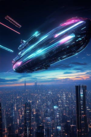 A sleek, silver spacecraft descends from a neon-lit night sky, its angular lines and glowing propulsion systems casting an otherworldly glow on the dark cityscape below. The futuristic architecture of towering skyscrapers and holographic advertisements reflects off the ship's metallic surface, as it lands softly in a clearing amidst a sprawling metropolis.