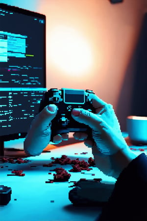 Close-up shot of a gamer's hands holding a controller, fingers grasping the sticks tightly as they intensely focus on the pixelated game screen. The dimly lit room is filled with a warm glow from the monitor, casting a faint blue light on their determined face. A messy desk and scattered snacks surround them, blending into the background.