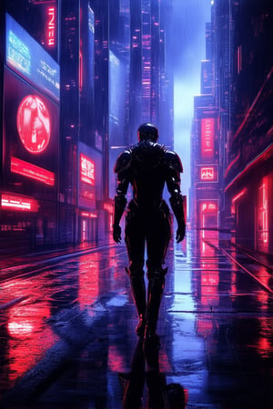 A futuristic cityscape at dusk, with neon-lit skyscrapers reflecting off wet pavement. A lone figure, dressed in dark leather and metallic armor, walks confidently down a deserted alleyway. In the distance, holographic advertisements flicker and pulse, casting a colorful glow on the rainy streets. The air is thick with mist, hiding secrets beneath.