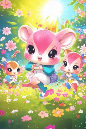 A vibrant chibi scene: a whimsical world where fantastical creatures frolic amidst colorful blooms, soft sunlight casting warm rays upon a gathering of diminutive beings. Delicate petals dance in the gentle breeze as the tiny inhabitants playfully interact, their bright hues and expressive faces radiating joyous energy.