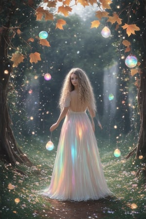 A whimsical sorceress stands amidst a lush forest glade, surrounded by twinkling fireflies and wispy vines. Her long, curly hair flows like a golden river down her back as she holds a delicate crystal orb, its facets refracting rainbow hues. The soft focus of the shot captures the mystical essence of the scene, with dappled sunlight filtering through the leaves above.