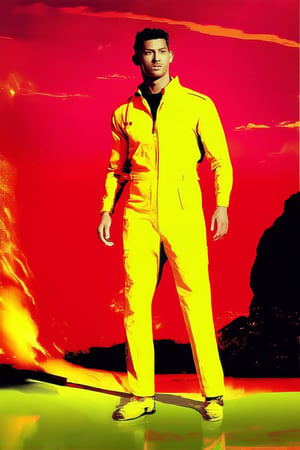 A vibrant image of a subject surrounded by an extreme hue, a bold and intense color that dominates the frame. The subject, possibly wearing a bright yellow jumpsuit, stands out against a backdrop of deep crimson, as if lit by a fiery sunset. Composition is simple yet striking, with the subject centered and the background blurred.