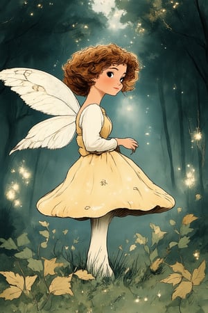 A nostalgic, golden-hued animation inspired by Don Bluth's classic films. A whimsical fairy perches on a mushroom, her delicate wings spread wide as she gazes wistfully into the distance. Soft, feathery foliage surrounds her, with sunbeams dancing through the trees to cast a warm glow. The fairy's porcelain doll-like complexion and curly locks add an air of innocence, as if she's lost in thought amidst the enchanted forest's tranquility.