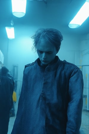 A moody, dark blue-hued realism portrait. A somber figure stands in a dimly lit, industrial-chic room, shrouded in shadows. Crisp folds of worn denim and dark leather jacket frame the subject's weathered face, illuminated only by a faint, flickering fluorescent light above. The air is heavy with nostalgia, as if time has stood still.