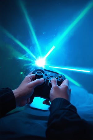 A close-up shot of a sleek, high-tech gaming console, 'Pixel All In', with neon blue and green lights illuminating the controller and screen. The device is centered in a darkened room, surrounded by fog and laser beams crisscrossing the air. A gamer's hands grasp the controller, eyes fixed intently on the screen as they navigate a virtual world.