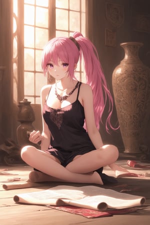 A vibrant anime-inspired scene: a young Kaghi sits cross-legged on a worn wooden floor, surrounded by scattered scrolls and ornate vases. Soft, warm lighting illuminates her gentle features, her bright pink hair styled in a flowing ponytail. The camera captures her focused expression as she pours over ancient texts, the room's intricate carvings and textiles reflecting her studious nature.