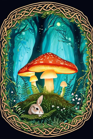 A whimsical illustration of a fantastical forest, where towering trees with glowing mushrooms sprout from the earth, and a curious rabbit peers out from behind a fern, amidst a tapestry of vines and wildflowers, all framed within a circular border adorned with intricate Celtic knots.