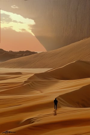 A sweeping landscape of golden sand dunes stretches across the frame, with a warm sun setting behind, casting a gentle glow on the desert floor. A lone figure stands atop a dune, silhouetted against the vibrant orange sky, with a hint of mystery and adventure radiating from their determined pose.