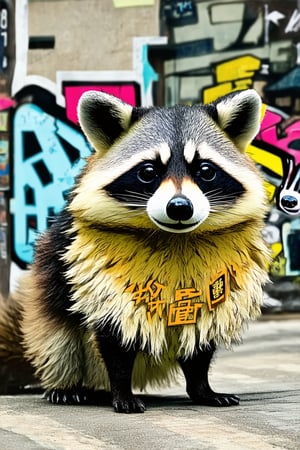 A close-up shot of a vibrant graffiti kun (Japanese raccoon dog) covered in colorful street art tags and murals, with bold brushstrokes and geometric patterns. The kun's fur is a canvas of urban creativity, blending into the gritty cityscape behind it. Shadows and highlights accentuate its playful expression.